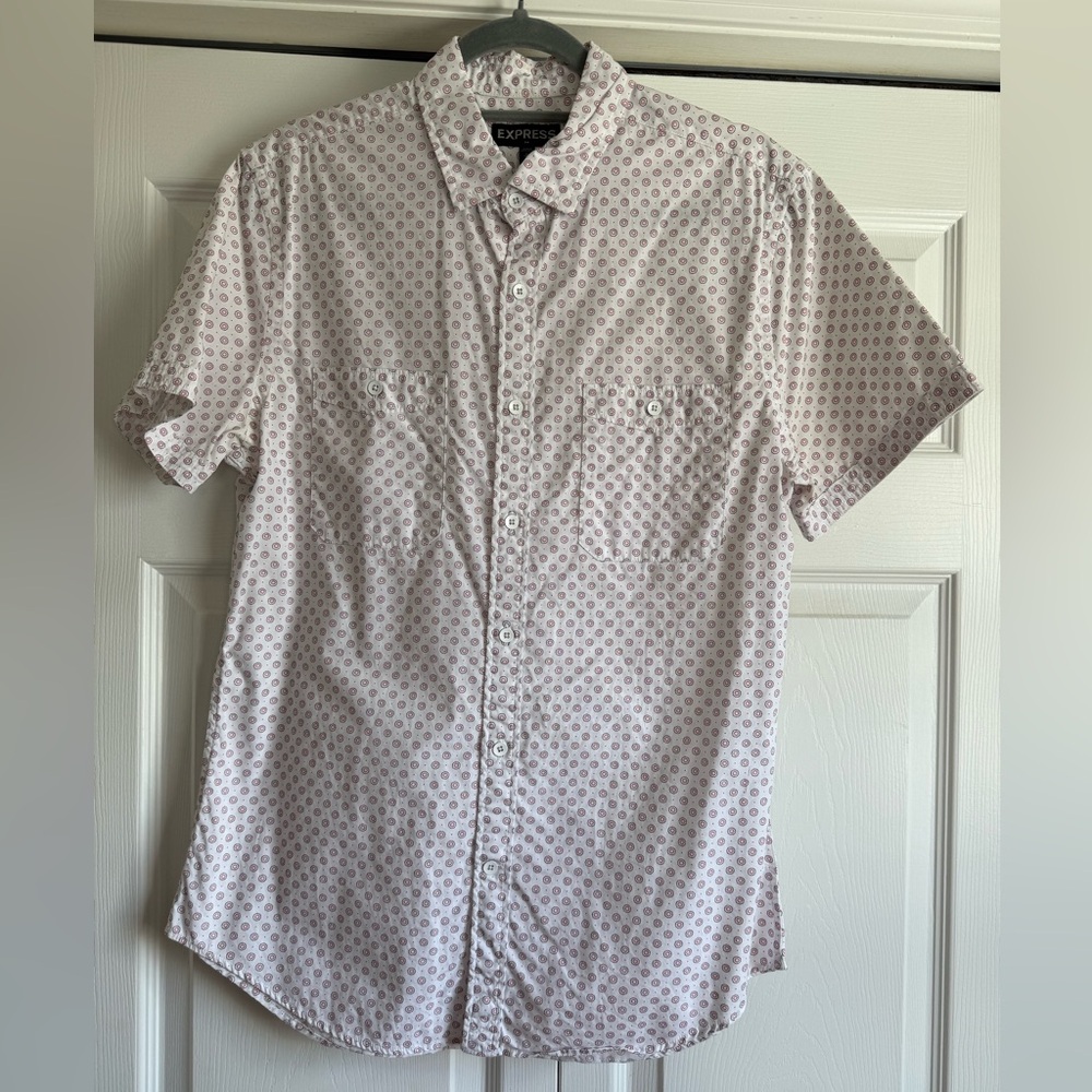 Express Men's Casual White With Red and Blue Pattern Button-Down Shirt